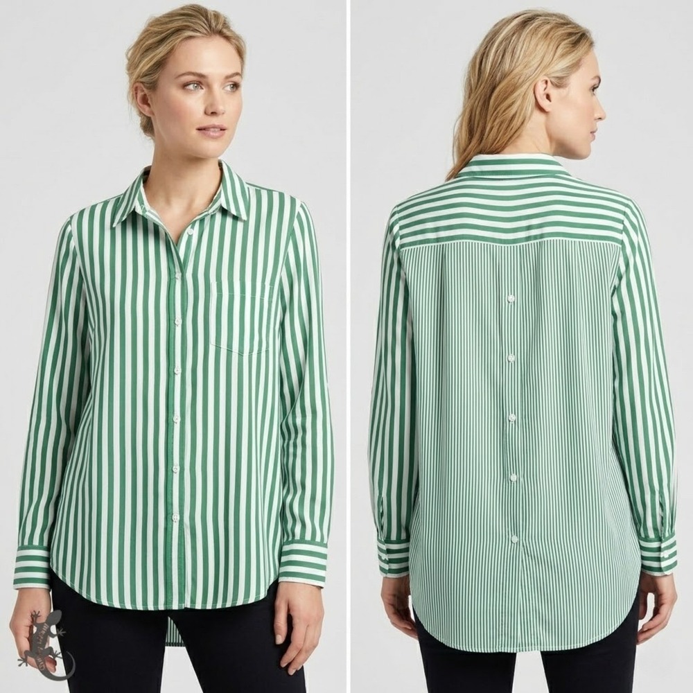 Jane + Delancey Womens Small Green White Stripe Button Down Shirt Relaxed Blouse